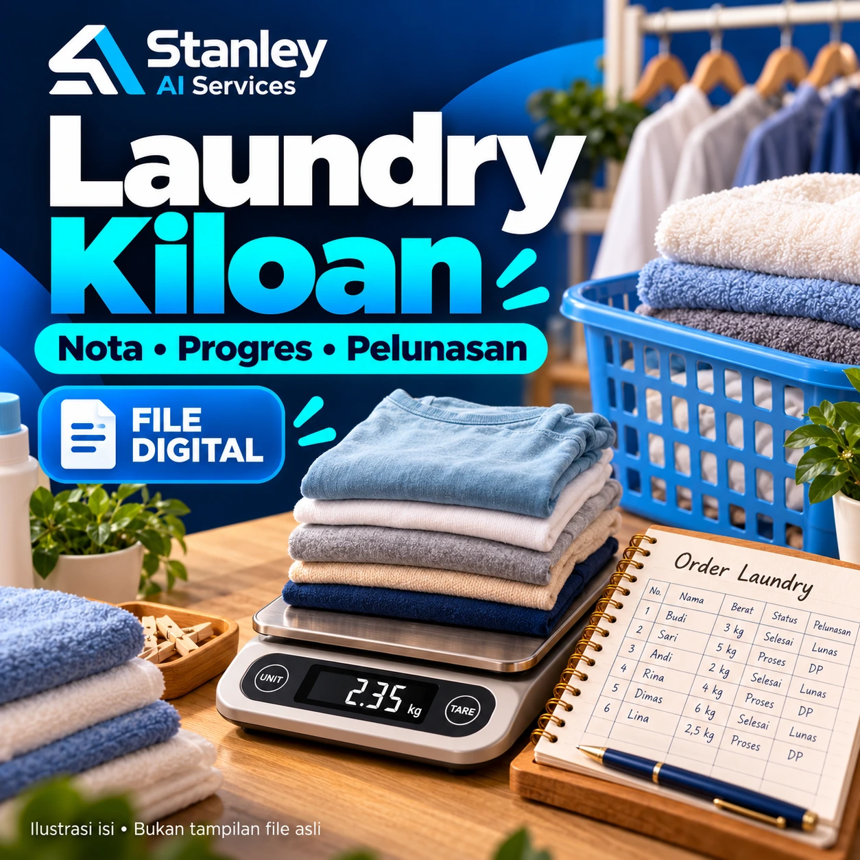 Cover Administrasi Laundry Kiloan — Nota, Progres & Pelunasan