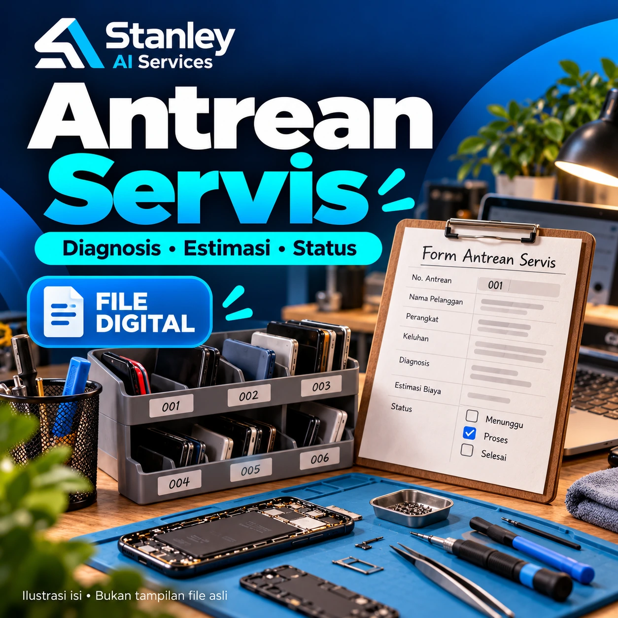 Cover Antrean Servis Perangkat — Diagnosis, Estimasi & Status