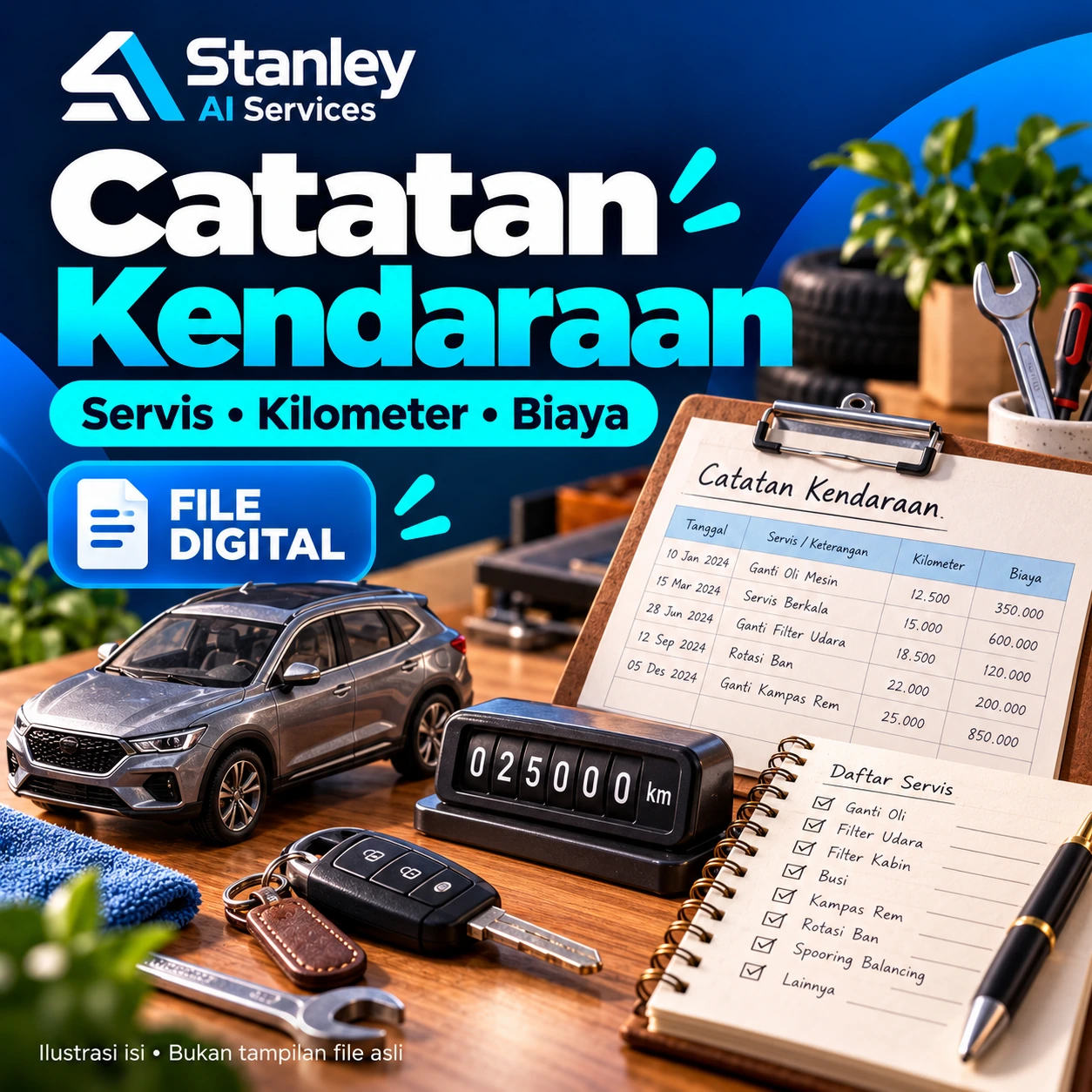 Cover Catatan Kendaraan — Servis, Kilometer & Biaya