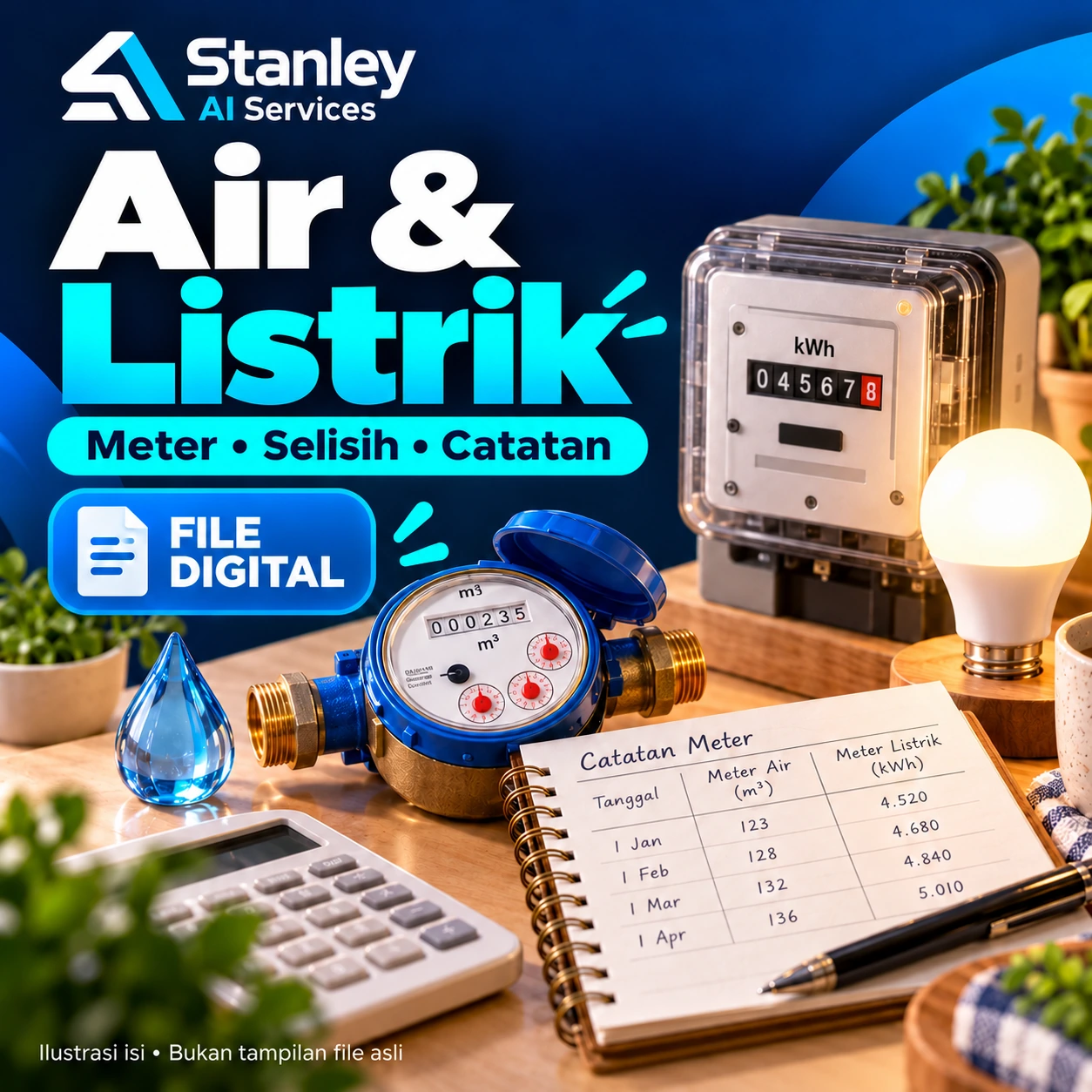 Cover Pemakaian Air & Listrik — Meter, Selisih & Catatan